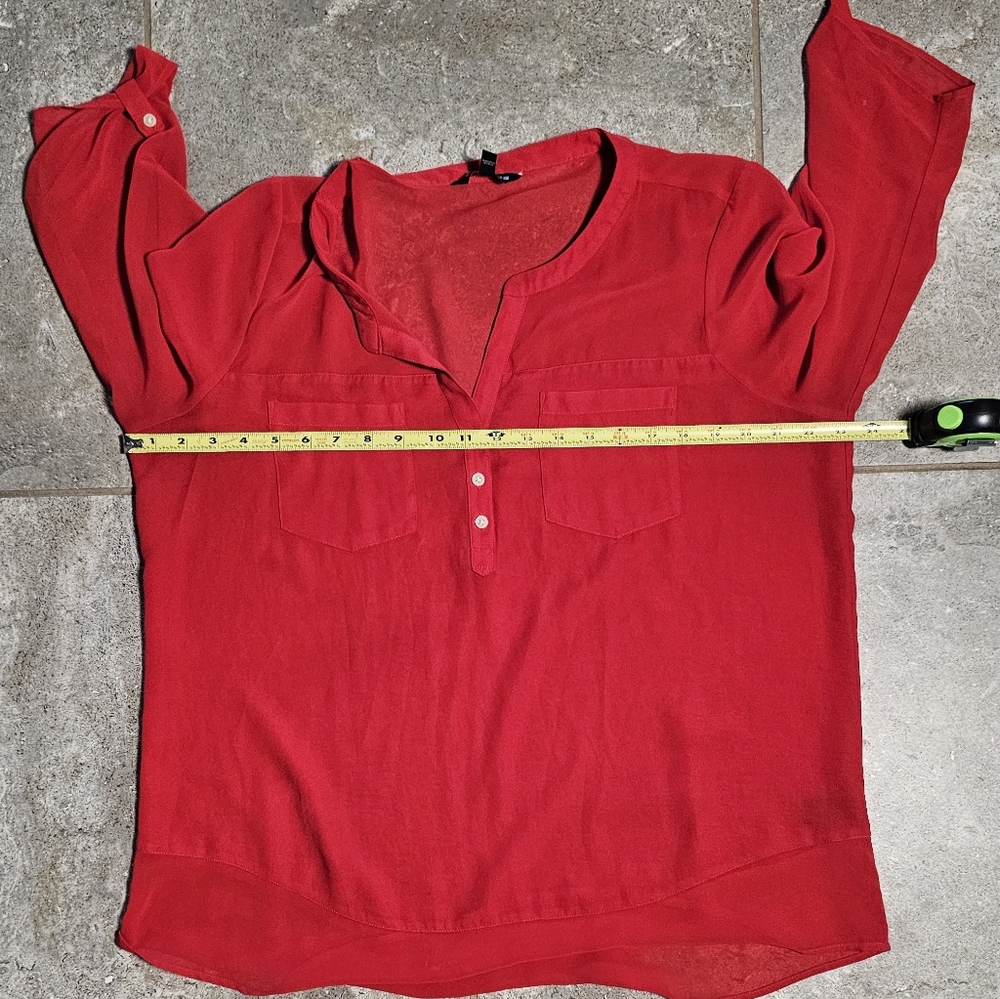 [EXPRESS] Bright Red Partially Sheer & Lined Blouse ○● Half Button-Down V-Neck - Picture 9 of 16